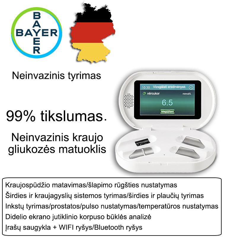 Neinvazinis cukraus kiekis kraujyje + [kraujospūdžio matavimas / šlapimo rūgšties nustatymas / širdies ir kraujagyslių sistemos tyrimas / širdies ir plaučių tyrimas / inkstų tyrimas / prostatos / pulso aptikimas / temperatūros aptikimas / didelio ekrano palietimas] + fizinės būklės analizė + įrašų saugykla + WIFI ryšys / Bluetooth ryšys